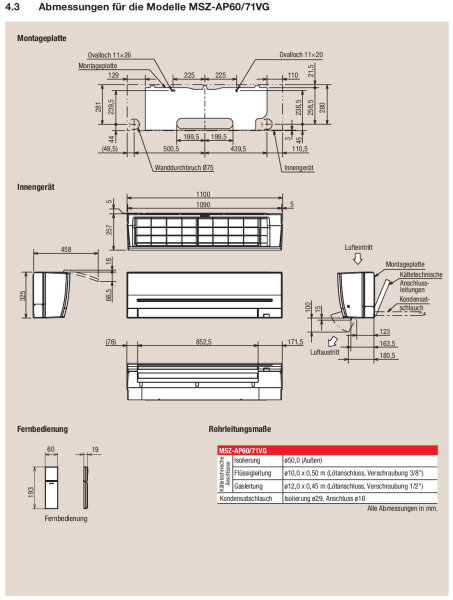 Mitsubishi Electric Set Wandgerät Kompakt 7,1 kW MSZ-AP71VGK + MUZ-AP71VG WiFi Raumgröße 70 - 75 m²
