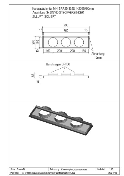 Penka Kanaladapter unisoliert MHI 75x20-3d10 3xDN160 für SRR25-35 Kanalgeräte