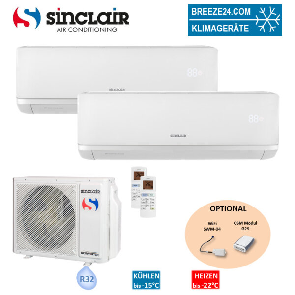 Sinclair Set 2 Wandgeräte RAY 2,7/3,2 KW SIH-09BIR + SIH-12BIR3 + MV-E18BI2 R32 Klimaanlage