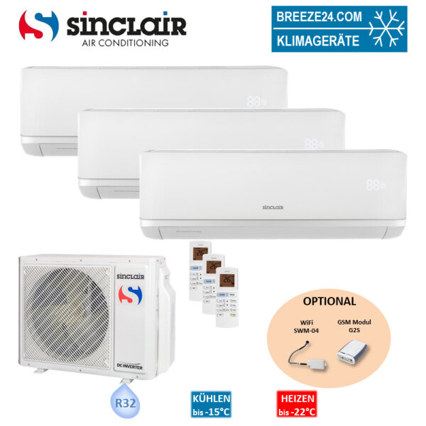Sinclair Set 3 Wandgeräte RAY 2,7/4,6 kW 2 x SIH-09BIR + SIH-18BIR + MV-E24BI2 R32 Klimaanlage