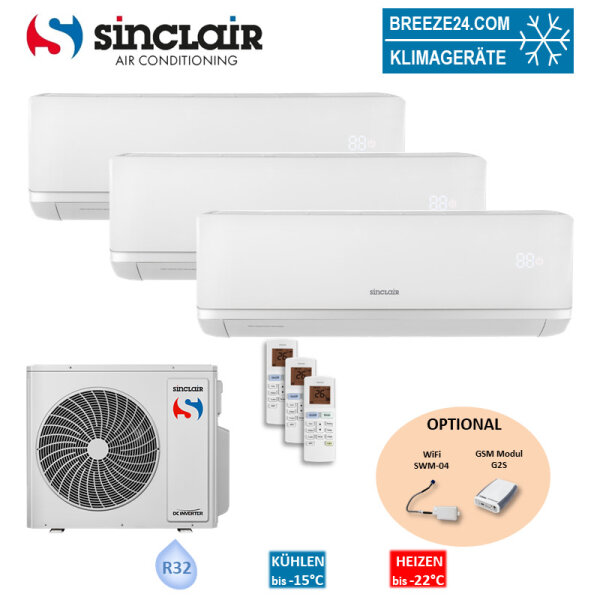 Sinclair Set 3 Wandgeräte RAY 2,7/6,2 kW 2 x SIH-09BIR + SIH-24BIR + MV-E36BI R32 Klimaanlage