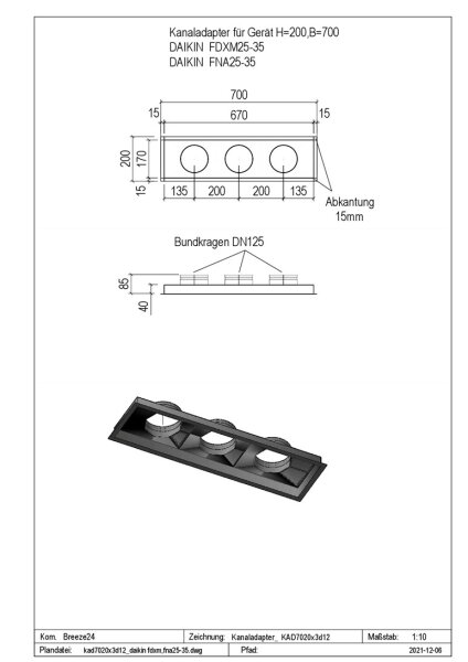 Penka Kanaladapter KAD7020x3d12 für Daikin FDXM25 - 35 | FNA25 - 35 mit ISO13mm