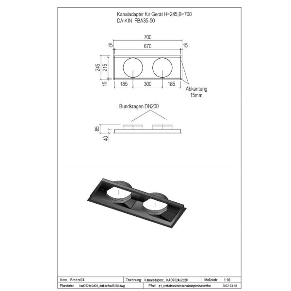 Penka Kanaladapter KAD7024x2d20 für Daikin FBA35-50A9 H=245,B=700