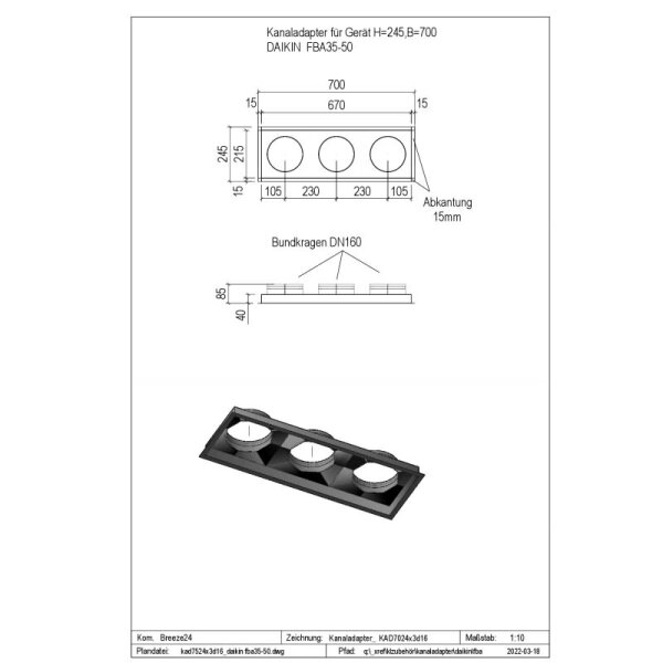 Penka Kanaladapter KAD7024x3d16 für Daikin FBA35-50A9 H=245,B=700