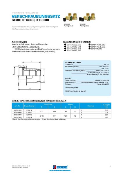 ESBE Verschraubungssatz ESKTD2122520 KTD212 3-teilig G 1" x R 3/4" AG inkl. RSV