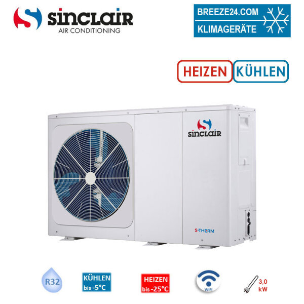 Sinclair S-THERM YUKON SMHM-80B/3 Monoblock Wärmepumpe Heizen 8,4 kW + Kühlen 8,3 kW Heizstab 3kW