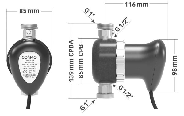 COSMO Zirkulationspumpe Trinkw. 1" AG BL 139, Absperr-/Rückschlagventil, Kabel