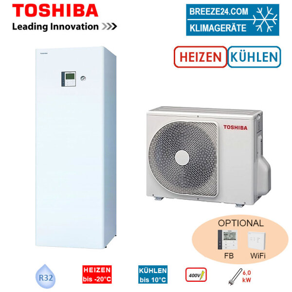Toshiba Wärmepumpen Set ESTIA HWT-601HW-E + HWT-601F21ST6W-E Hydrobox 210L HS 6kW IG:400V - AG: 230V
