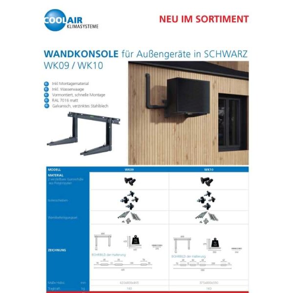 Wandkonsole in schwarz Länge 465 mm | bis 140 kg für Klimaanlagen und Wärmepumpen Außengeräte WK09