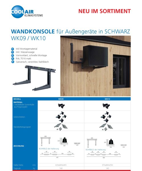 Wandkonsole in schwarz Länge 550 mm | bis 140 kg für Klimaanlagen und Wärmepumpen Außengeräte WK10