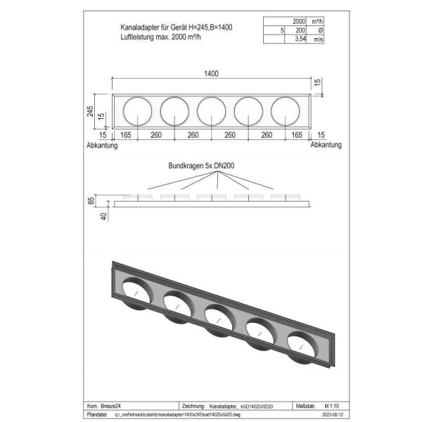 Penka Kanaladapter für Daikin Kanalgeräte FBA 100 - 125 -140 | H = 245 mm | B = 1400 mm | Ø = 200 mm