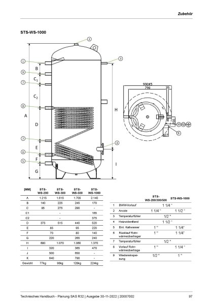S-Klima STS-WS-500 Brauchwasser Speicher 500 Liter + Heizstab 2.0 kW + 1 Wärmetauscher für Serie SAS