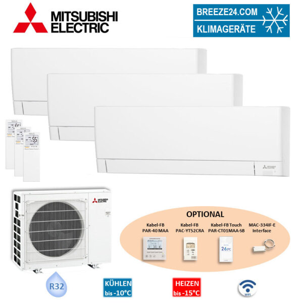Mitsubishi Electric Set 3 Wandgeräte WiFi 2,5 kW 3 x MSZ-AY25VGKP + MXZ-3F68VF R32 Klimaanlage