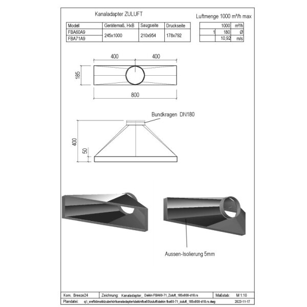 Penka Kanaladapter Zuluft für Daikin FBA60-71A9 185x800-d18