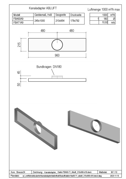 Penka Kanaladapter Abluft für Daikin FBA60-71A9 215x960-d18
