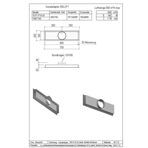 Penka Kanaladapter Abluft für Mitsubishi Electric PEFY-P15-32VMS1-E 160x660-d16.flansch