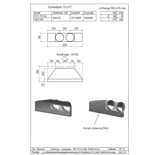 Penka Kanaladapter Zuluft für Mitsubishi Electric PEFY-P15-32VMS1-E 156x668-2xd16.us