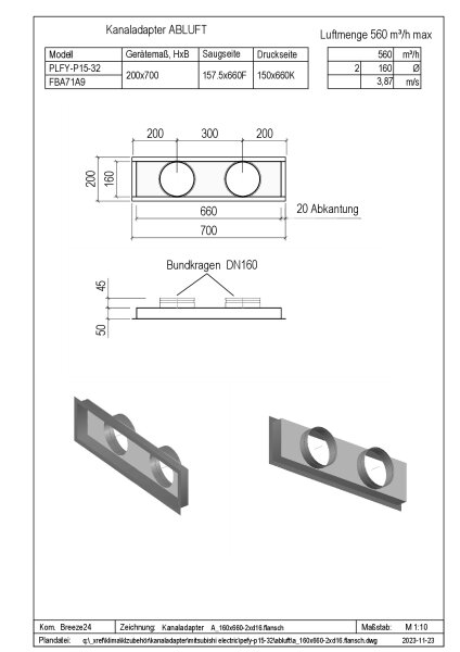 Penka Kanaladapter Abluft für Mitsubishi Electric PEFY-P15-32VMS1-E A_160x660-2xd16.flansch