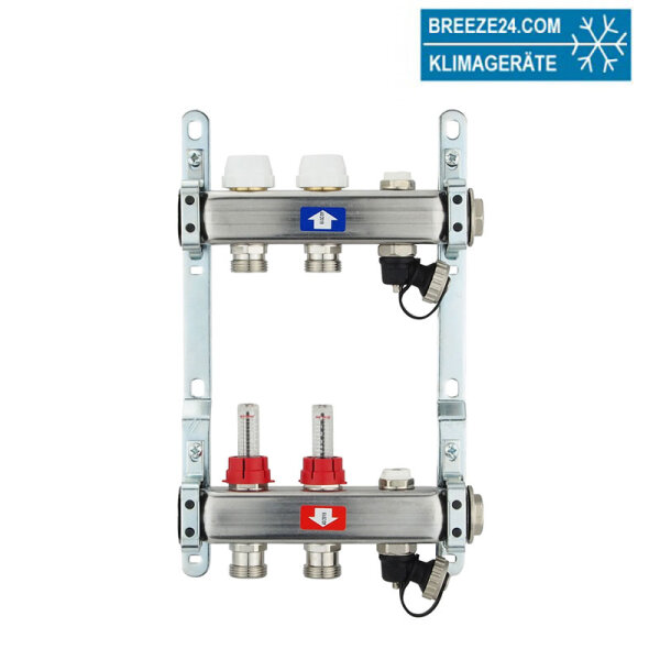 Fußbodenheizungsverteiler aus Edelstahl mit Topmeter für 2 Heizkreise