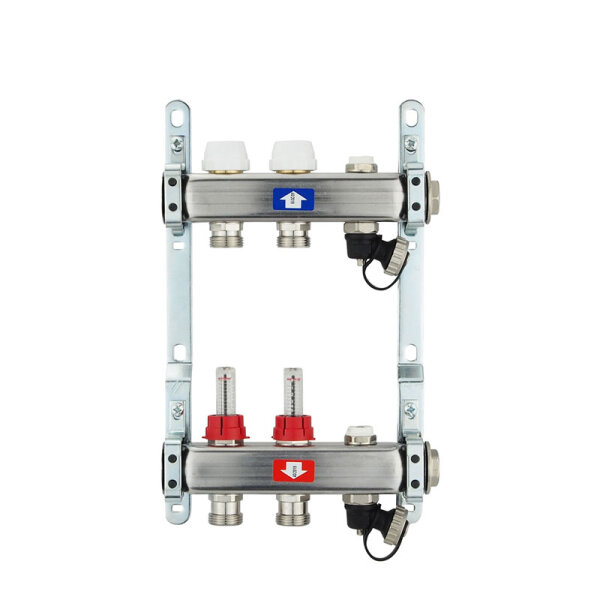 Fußbodenheizungsverteiler aus Edelstahl mit Topmeter für 2 Heizkreise