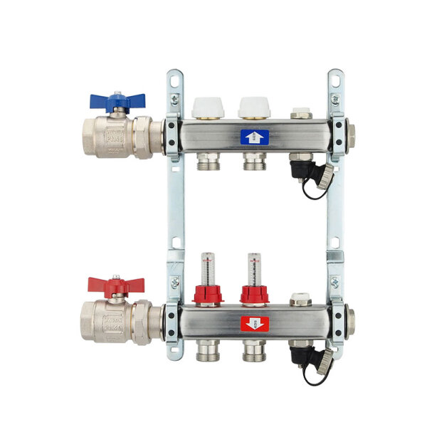 Fußbodenheizungsverteiler aus Edelstahl mit Topmeter für 2 Heizkreise
