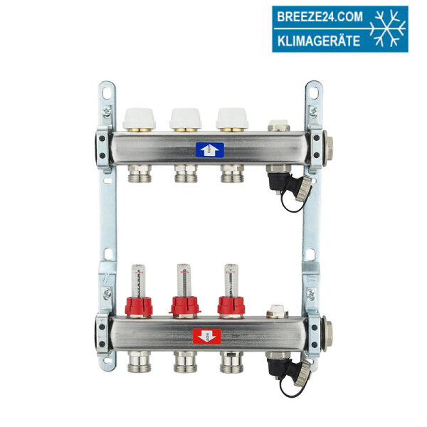 Fußbodenheizungsverteiler aus Edelstahl mit Topmeter für 3 Heizkreise
