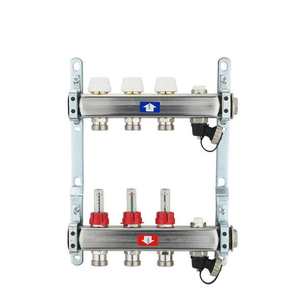 Fußbodenheizungsverteiler aus Edelstahl mit Topmeter für 3 Heizkreise