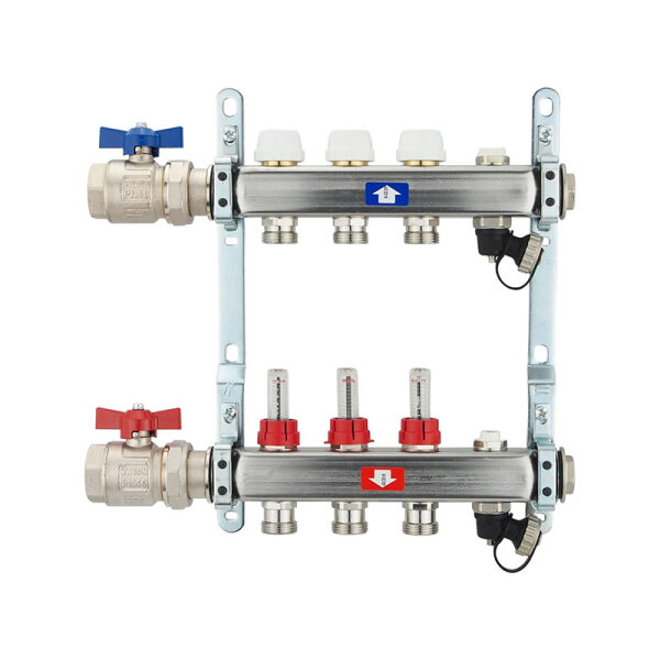 Fußbodenheizungsverteiler aus Edelstahl mit Topmeter für 3 Heizkreise