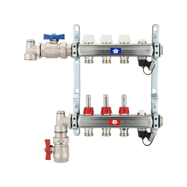Fußbodenheizungsverteiler aus Edelstahl mit Topmeter für 3 Heizkreise