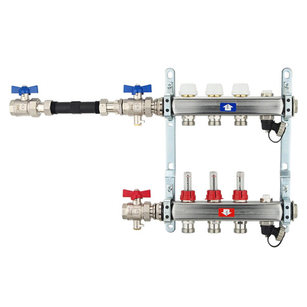 Fußbodenheizungsverteiler aus Edelstahl mit Topmeter für 3 Heizkreise