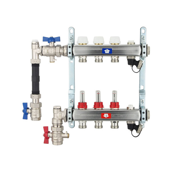Fußbodenheizungsverteiler aus Edelstahl mit Topmeter für 3 Heizkreise