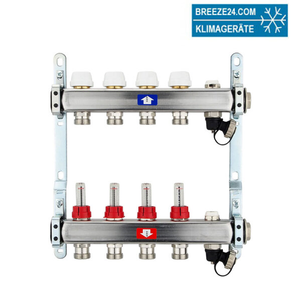 Fußbodenheizungsverteiler aus Edelstahl mit Topmeter für 4 Heizkreise