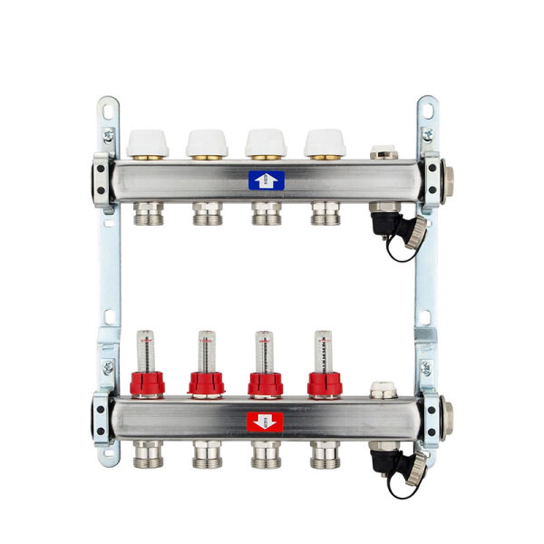 Fußbodenheizungsverteiler aus Edelstahl mit Topmeter für 4 Heizkreise