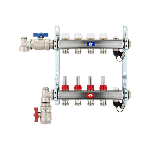 Fußbodenheizungsverteiler aus Edelstahl mit Topmeter für 4 Heizkreise