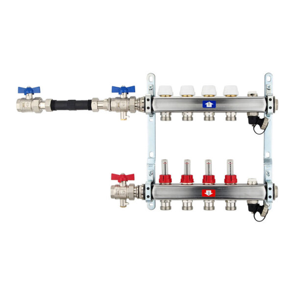 Fußbodenheizungsverteiler aus Edelstahl mit Topmeter für 4 Heizkreise