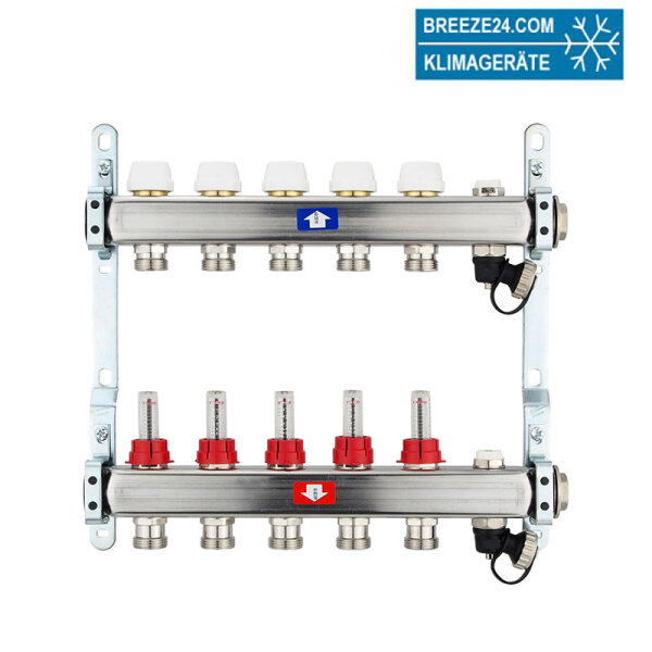 Fußbodenheizungsverteiler aus Edelstahl mit Topmeter für 5 Heizkreise