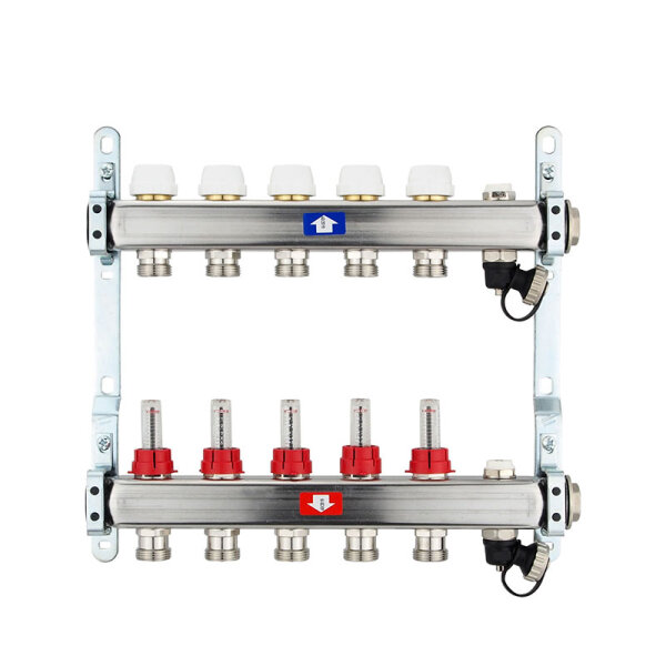 Fußbodenheizungsverteiler aus Edelstahl mit Topmeter für 5 Heizkreise