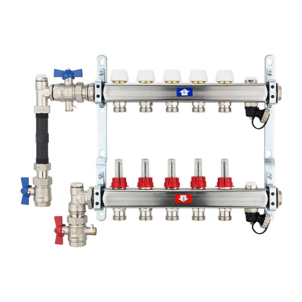 Fußbodenheizungsverteiler aus Edelstahl mit Topmeter für 5 Heizkreise