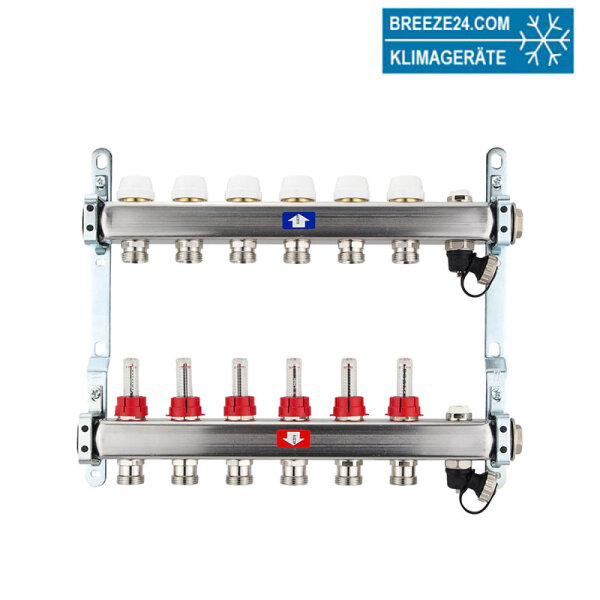 Fußbodenheizungsverteiler aus Edelstahl mit Topmeter für 6 Heizkreise