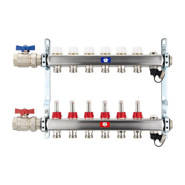 Fußbodenheizungsverteiler aus Edelstahl mit Topmeter für 6 Heizkreise