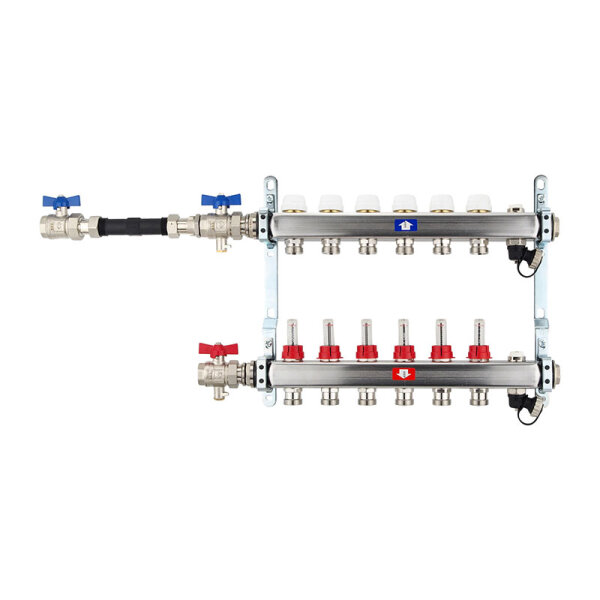 Fußbodenheizungsverteiler aus Edelstahl mit Topmeter für 6 Heizkreise