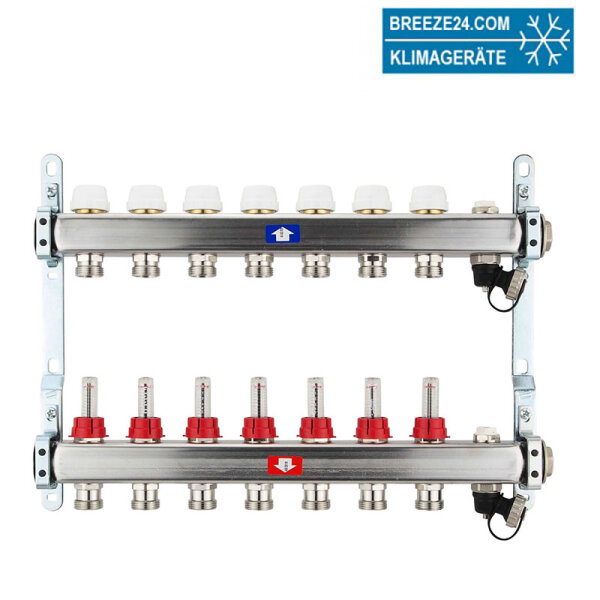 Fußbodenheizungsverteiler aus Edelstahl mit Topmeter für 7 Heizkreise