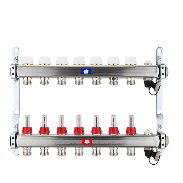 Fußbodenheizungsverteiler aus Edelstahl mit Topmeter für 7 Heizkreise