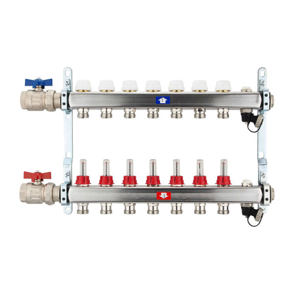Fußbodenheizungsverteiler aus Edelstahl mit Topmeter für 7 Heizkreise
