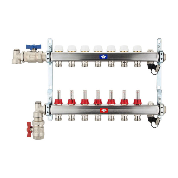 Fußbodenheizungsverteiler aus Edelstahl mit Topmeter für 7 Heizkreise
