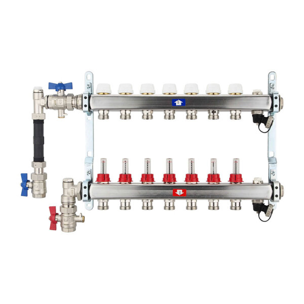 Fußbodenheizungsverteiler aus Edelstahl mit Topmeter für 7 Heizkreise