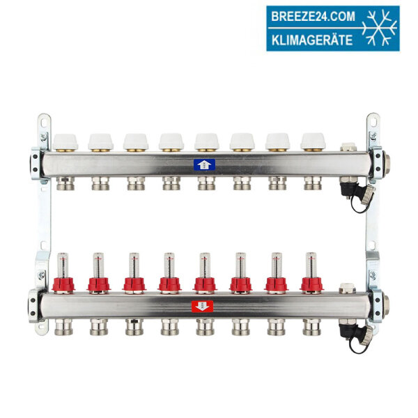 Fußbodenheizungsverteiler aus Edelstahl mit Topmeter für 8 Heizkreise