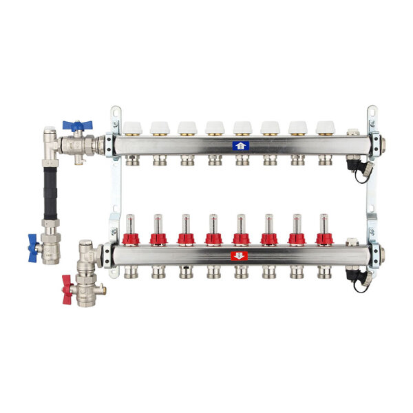 Fußbodenheizungsverteiler aus Edelstahl mit Topmeter für 8 Heizkreise