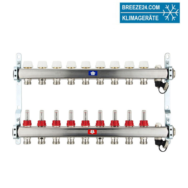 Fußbodenheizungsverteiler aus Edelstahl mit Topmeter für 9 Heizkreise