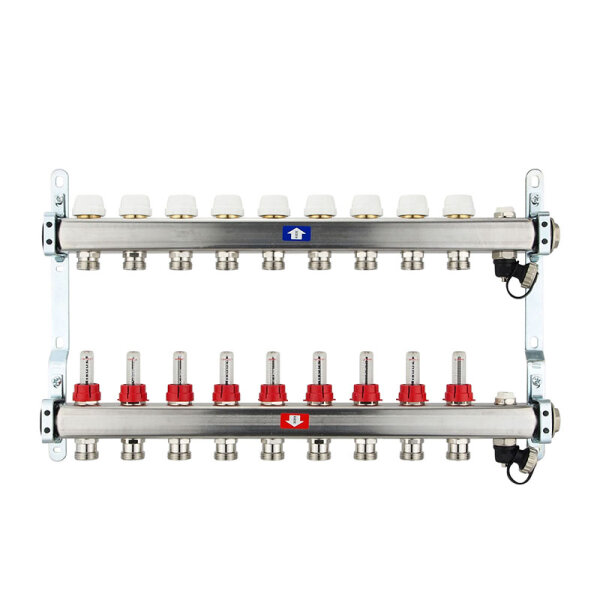 Fußbodenheizungsverteiler aus Edelstahl mit Topmeter für 9 Heizkreise